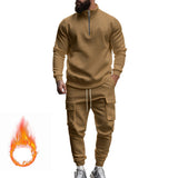 Herren nan Strick-Trainingsset mit halbem Reißverschluss, Zopfmuster-Pulli und Kordelzug-Jogger Drune – Braun