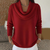 Damen nan fein gestrickter Pullover mit Wasserfallkragen und geripptem Saum Drune – Rot