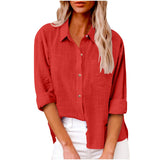 Damen nan oversized Leinen-Baumwollmix Hemdbluse mit Brusttasche und krempelbaren Ärmeln Drune – Rot