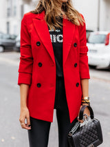 Damen nan taillierter Longblazer mit doppelreihiger Knopfleiste, Reverskragen und Eingrifftaschen Drune – Rot