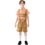 Unisex nan traditionelle Kinderlederhose mit verstellbaren Hosenträgern und aufwendiger Stickerei Drune – Orange Karo + Braune Träger