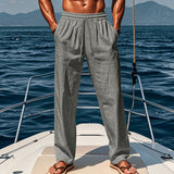 Herren nan maritime Freizeit-Leinenhose mit weitem Bein elastischem Tunnelzug und Bundfalten Drune – Grau