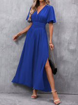 Schwarzes Maxikleid Damen – V-Ausschnitt, Schlitz & Flatterärmel – Blau