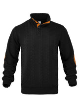 Herren nan Zopfmuster-Pullover mit Stehkragen, halber Knopfleiste und Ellbogenpatches Drune – Schwarz