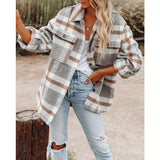 Damen nan karierte Overshirtjacke mit Brusttaschen und lockerer Passform Drune – Khaki