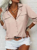 Damen nan leichte V-Ausschnitt Chiffonbluse mit Brusttaschen und geknöpftem Frontverschluss Drune – Apricotrosa