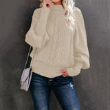 Damen nan Zopfmuster-Strickpullover mit Rollkragen und Ballonärmeln Drune – Apricot