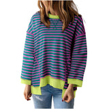 Damen nan oversized gestreifter Sweatshirtpullover mit kontrastsaum, überschnittener Schulter und seitlichen Schlitzen Drune – Blau gestreift
