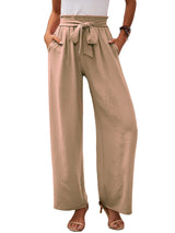 Damen nan Paperbag-Hose mit weitem Bein, hohem elastischem Bund und Bindegürtel Drune – Khaki