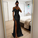 Pailletten Maxikleid mit Schlitz – Elegantes Sommer Abendkleid – Schwarz