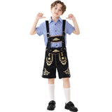 Unisex nan traditionelle Kinderlederhose mit verstellbaren Hosenträgern und aufwendiger Stickerei Drune – Blaues Karo + Schwarze Träger