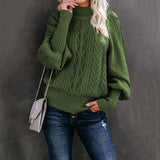 Damen nan Zopfmuster-Strickpullover mit Rollkragen und Ballonärmeln Drune – Olivgrün