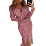 Damen nan glitzerndes Wickel-Midikleid mit V-Ausschnitt langen Ärmeln seitlichem Beinschlitz Drune – Rosa