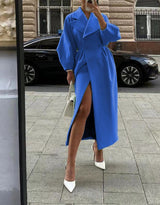 Eleganter langer Damen Trenchcoat – Reverskragen & Laternenärmel – Modern – Blau