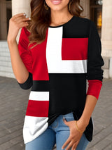 Damen nan geometrisches Colorblock Longsleeve-Tunika-Oberteil mit Rundhalsausschnitt und asymmetrischem Saum Drune – Rot