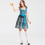 Damen nan traditionelles Kurzdirndl mit Spitzenärmeln, Schnürung und floraler Schürze Drune – Blau【Oberteil + Rock + Schürze + Schleife】