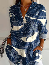 Samantha - Tropical Floral Button Down Bluse – Dunkelblau