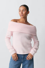 Damen nan Off-Shoulder Grobstrickpullover mit breitem Umschlagkragen und lässiger Oversize-Passform Drune – Rosa