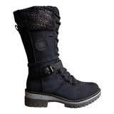Damen nan gefütterte Schnürstiefel mit gestricktem Schaftbund, dekorativem Schnallenriemen und profilierter Gummisohle Drune – Schwarz