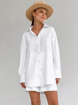 Damen Baumwollset mit Oversized-Bluse und lockerer Hose – Weiß