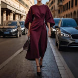 Elena - Midikleid mit Gürtel und Kimonoärmeln – Rotwein