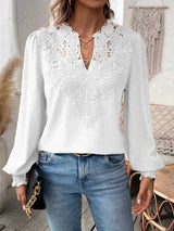 Damen nan Spitzenapplikation V-Ausschnitt Bluse mit Strukturpunkt, gerafften Manschetten und leicht taillierter Silhouette Drune – Weiß