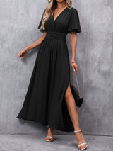 Schwarzes Maxikleid Damen – V-Ausschnitt, Schlitz & Flatterärmel – Schwarz