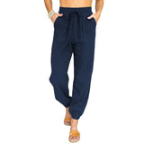 Damen nan leichte Leinenoptik Freizeit-Hose mit hohem elastischem Bund, Kordelzug, aufgesetzten Taschen und elastischen Knöchelbündchen Drune – Marineblau
