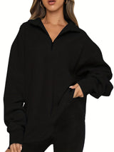 Damen nan Oversized Sweatshirt mit Kurzreißverschluss, Stehkragen und Kängurutasche Drune – Schwarz
