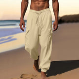 Herren nan luftige Leinen-Mix Strandhose mit Cargo-Taschen und elastischem Saum Drune – Apricot