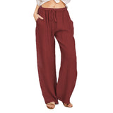 Damen nan weite Leinenhose mit elastischem Bund und Tunnelzug Drune – Weinrot