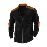 Herren nan Stehkragen-Sweatjacke mit feiner Rippstruktur, Ellbogen-Patches und kontrastierenden Schulterdetails Drune – Schwarz