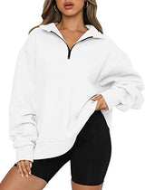 Damen nan oversized Sweatshirt mit halbem Reißverschluss, Stehkragen und überschnittener Schulter Drune – Weiß ohne Tasche