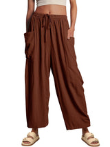 Damen nan weite Palazzohose aus leichtem Leinenmix mit Tunnelzug und seitlicher Tasche Drune – Kaffeebraun