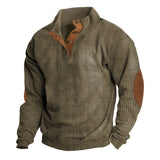 Herren nan rustikaler gerippter Pullover mit Henley-Kragen und lederartigen Ellbogenbesätzen Drune – Khaki
