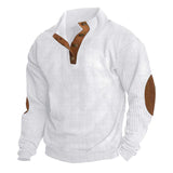 Herren nan rustikaler gerippter Pullover mit Henley-Kragen und lederartigen Ellbogenbesätzen Drune – Weiß