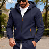 Herren nan Kapuzen-Sweatjacke mit durchgehendem Reißverschluss, mehreren Reißverschlusstaschen und Ärmel-Pocket Drune – Navyblau
