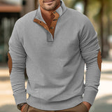 Herren nan strukturiertes Rugby-Pullover mit Stehkragen, Knopfleiste und Leder-Ellenbogenpatches Drune – Hellgrau