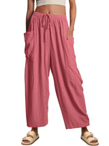 Damen nan weite Palazzohose aus leichtem Leinenmix mit Tunnelzug und seitlicher Tasche Drune – Pink