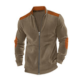 Herren nan Stehkragen-Sweatjacke mit feiner Rippstruktur, Ellbogen-Patches und kontrastierenden Schulterdetails Drune – Braun