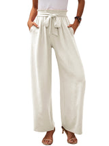 Damen nan Paperbag-Hose mit weitem Bein, hohem elastischem Bund und Bindegürtel Drune – Weiß