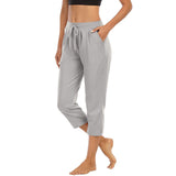 Damen nan komfortable Loungehose mit hohem Bund Tunnelzug Seitentaschen und leichtem Stretch Drune – 7/8-Hose Hellgrau