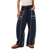 Damen nan weite Lounge-Hose mit Kordelzug, Kontrastpaspelierung und Cargo-Taschen Drune – Dunkelblau
