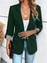Damen nan taillierter dreiviertelarm Blazer mit Pattentaschen und umgeschlagenen Manschetten Drune – Dunkelgrün