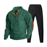 Herren nan strukturiertes Strick-Loungewear-Set mit halber Knopfleiste, kontrastreichen Ellbogenpatches und elastischem Tunnelzug-Jogger Drune – Apfelgrün mit schwarzer Hose
