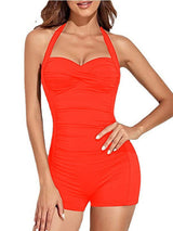 Damen Hochtaillierter Einteiler Badeanzug mit raffiniertem Raffungselement Drune – Orange