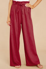 Damen nan Leinenhose mit Paperbag-Bund und weitem Bein Drune – Weinrot