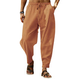 Herren nan entspannte Harem-Loungehose aus Leinenmix mit weitem Bein, elastischem Bund, Kordelzug und seitlichen Eingrifftaschen Drune – Lehmgelb