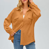 Damen nan oversized Waffelstrick Hemdjacke mit Brusttaschen und Knopfleiste Drune – Orange
