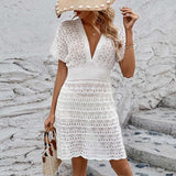 Boho Häkel Bikini Cover-Up Kleid mit Tiefem V-Ausschnitt für Damen | Ideal für Sommer – Weiß